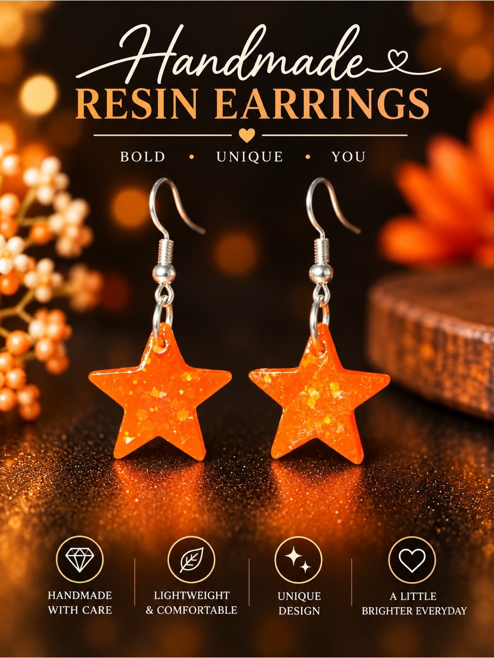 Handmade Neon Orange Glitter Resin Star Dangle Earrings